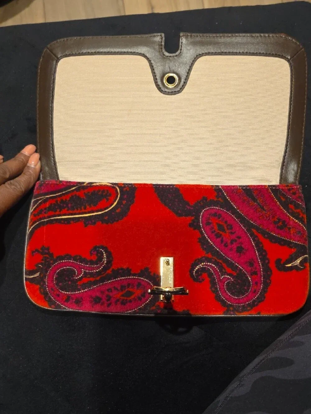 Red Paisley Velvet Clutch with Pink Accents and Gold Closure